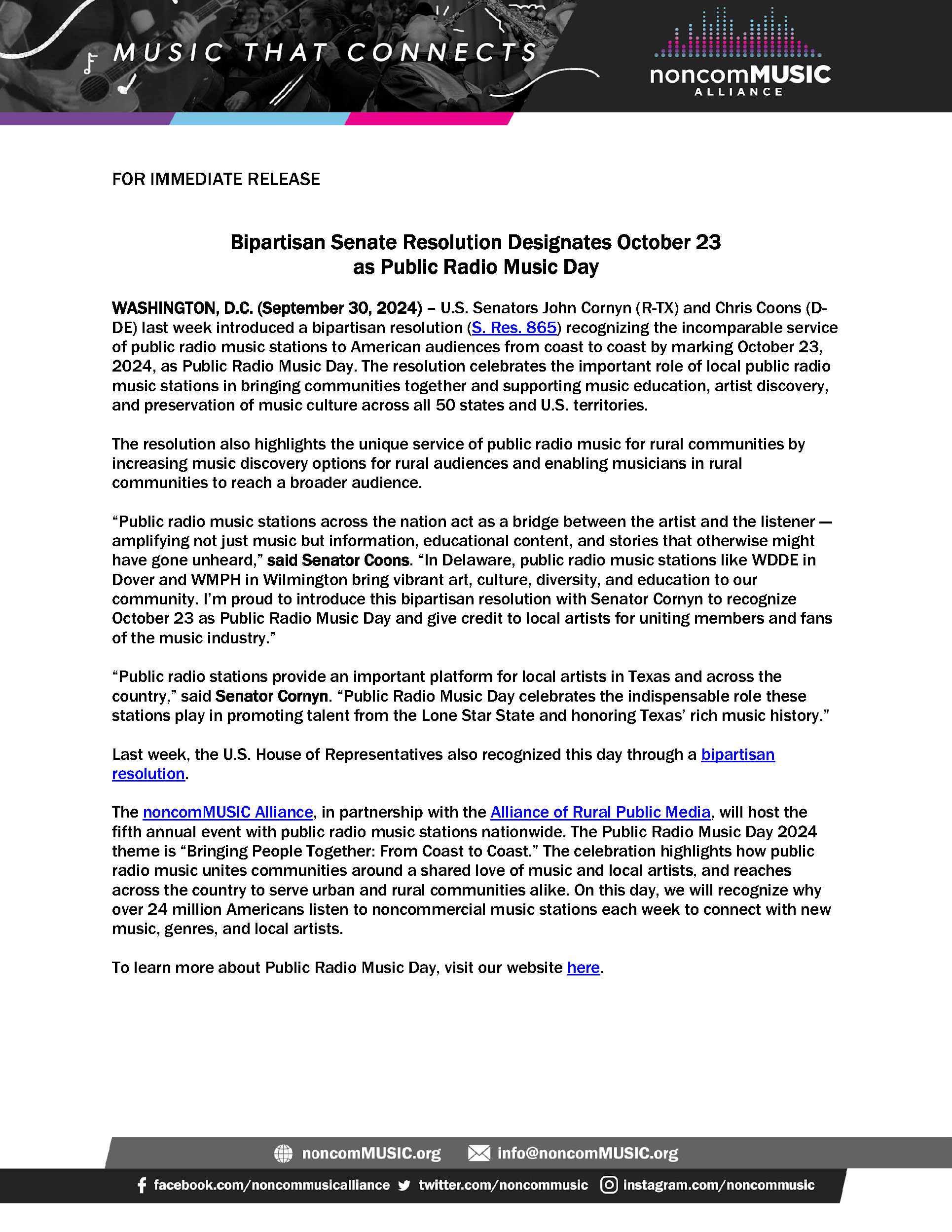 Featured image for “Bipartisan Senate Resolution Designates October 23 as Public Radio Music Day”